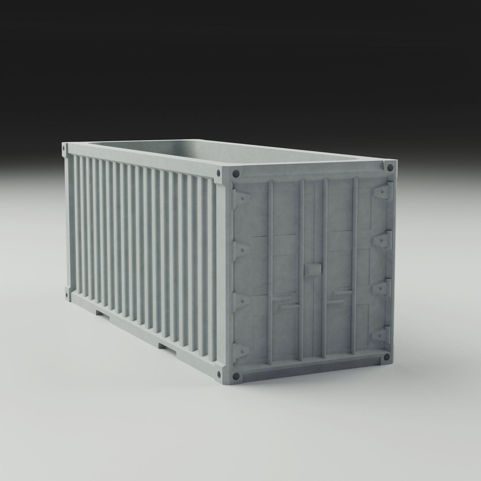Concrete shipping container organizer, three-quarter view showing the corrugated wall and doors