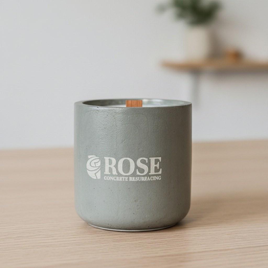 Wood-wick candle in a grey concrete vessel with an engraved logo
