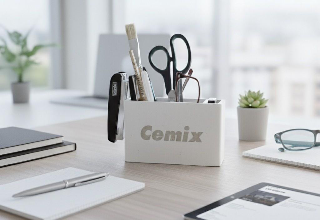 White concrete Cemix desk organizer holding office tools on a desk by a window