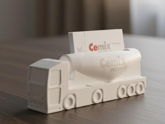 White concrete Cemix truck business card holder with a stack of branded cards in the tank slot