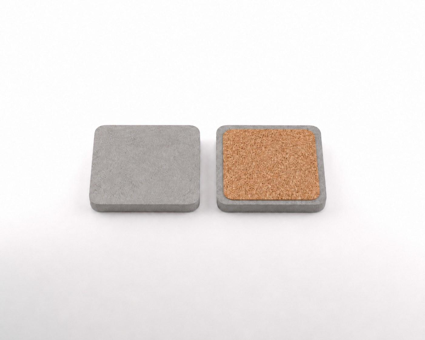 Square concrete coaster with rounded corners, shown from the top and with its cork base