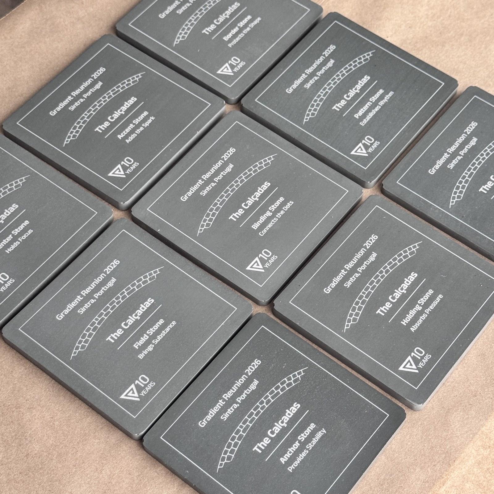 Graphite concrete coasters engraved for a company reunion in Portugal