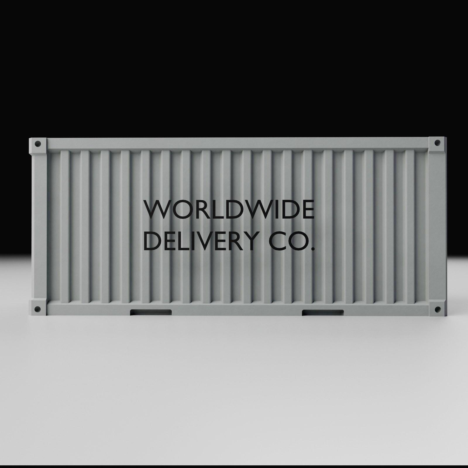 Concrete shipping container organizer with an engraved company name on the corrugated wall