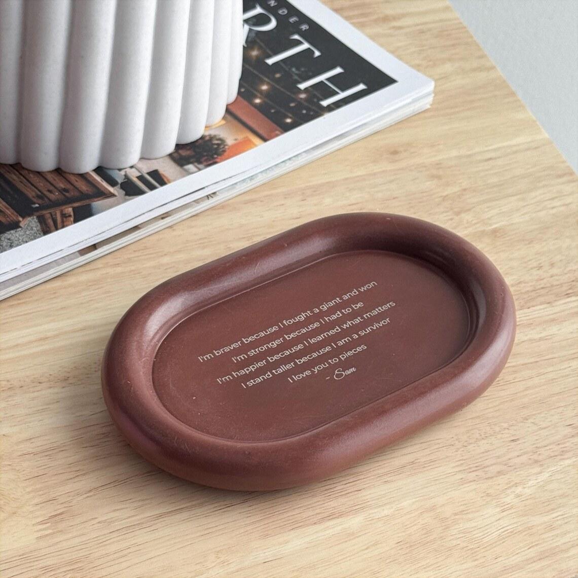 Terracotta oval concrete tray with a laser engraved personal message
